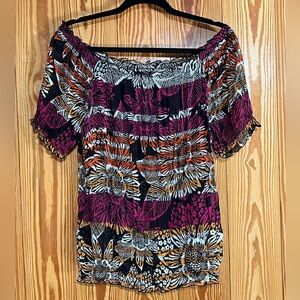 East 5th Blouse Women's Over Shoulder Short Sleeve Stretch Semi Sheer